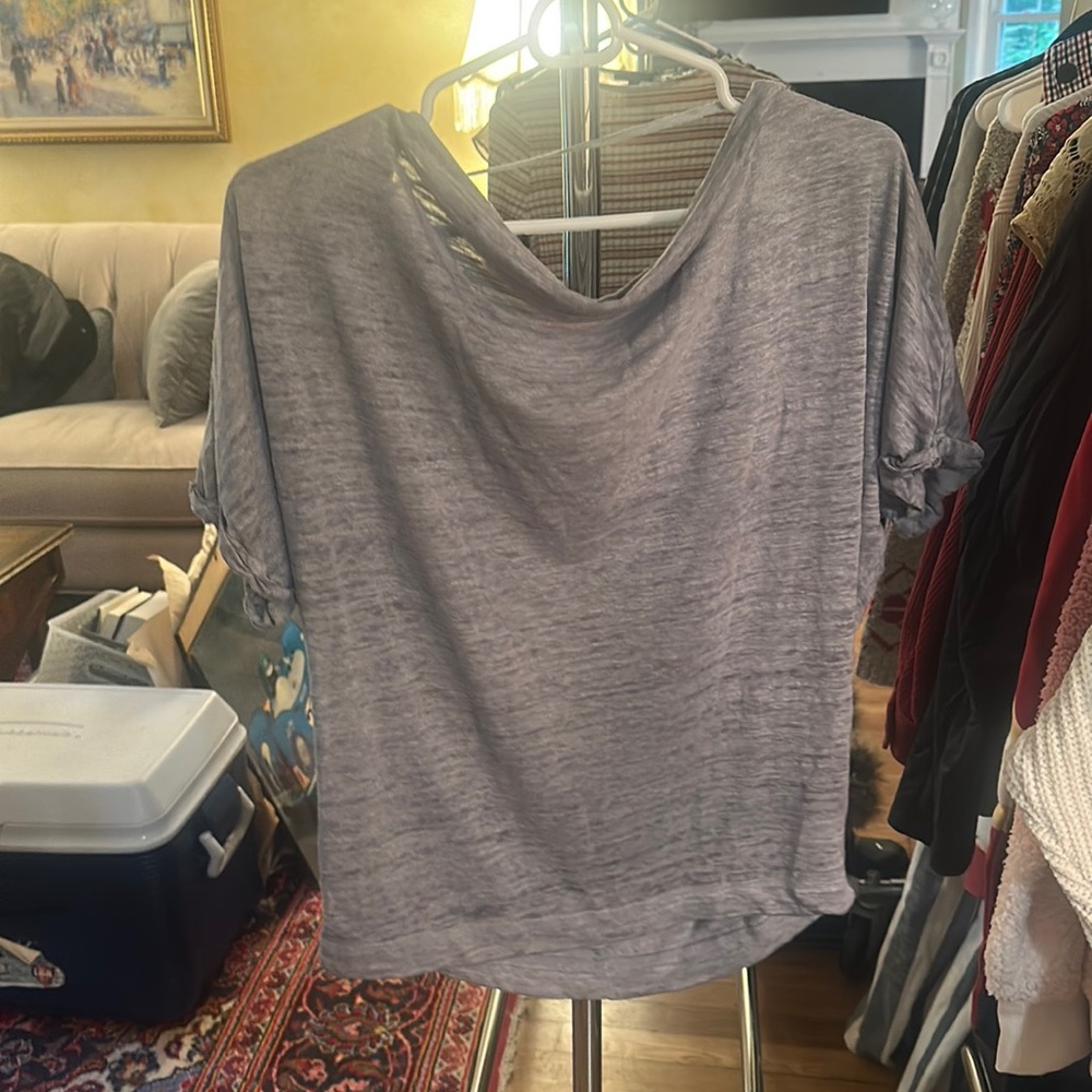 Grey short sleeve blouse with distressed neckline